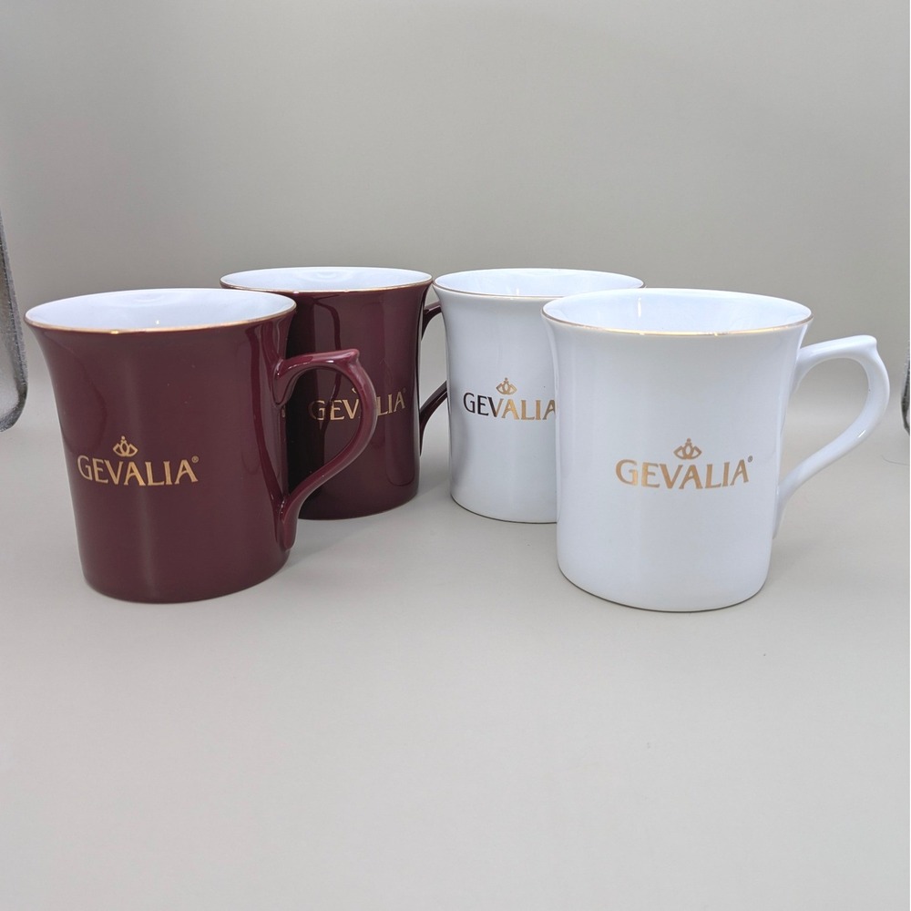 Gevalia 12oz White Burgundy Gold Trim Elegant Coffee Cups - Set‎ of Four